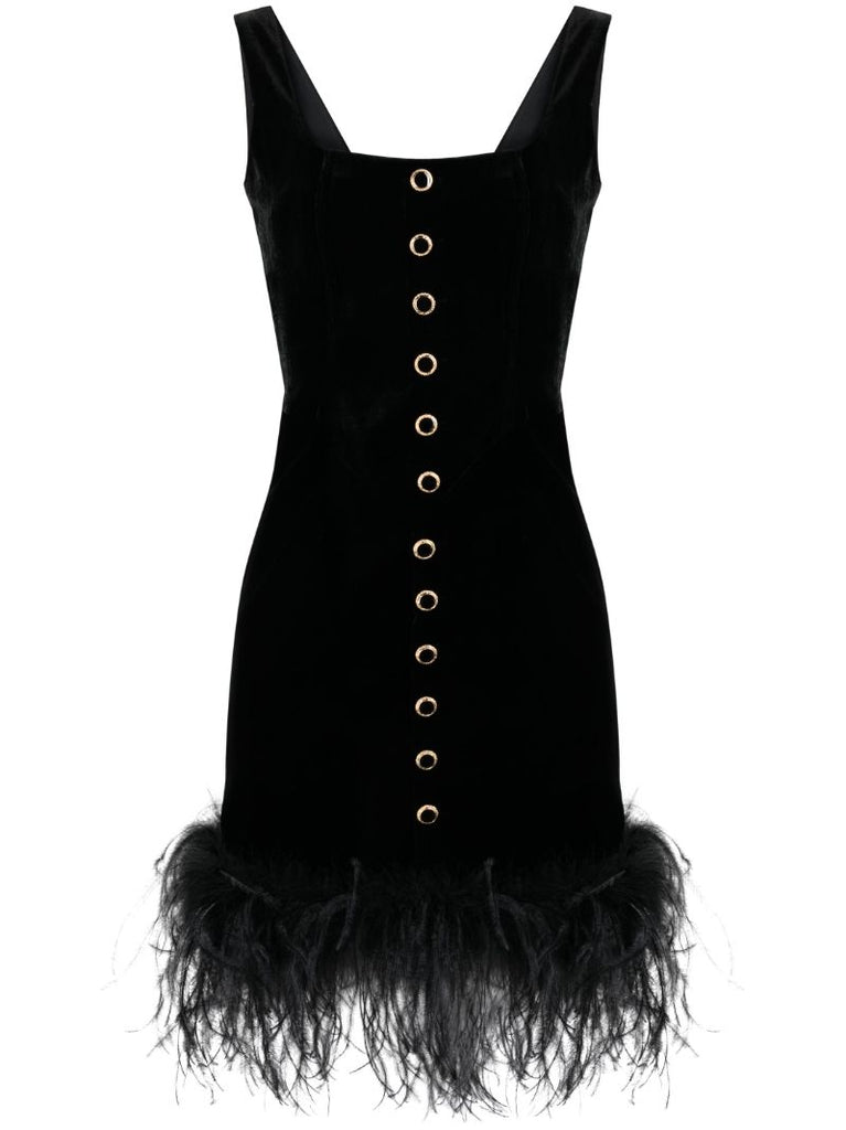 Black Feather Trim Velvet Mini Dress