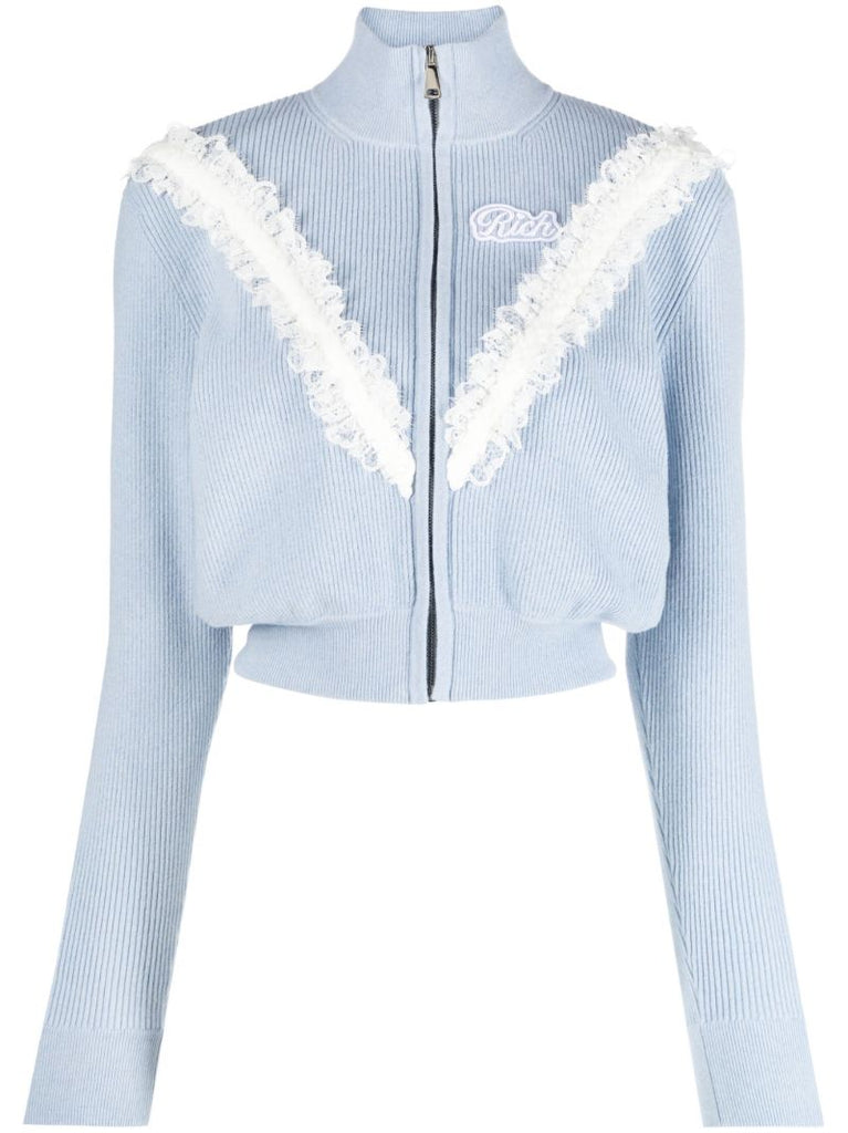 Blue Lace-appliquÃ© Ribbed-knit Cardigan