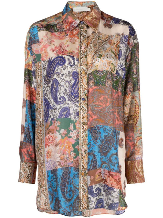 Neutral Patchwork Print Silk Shirt
