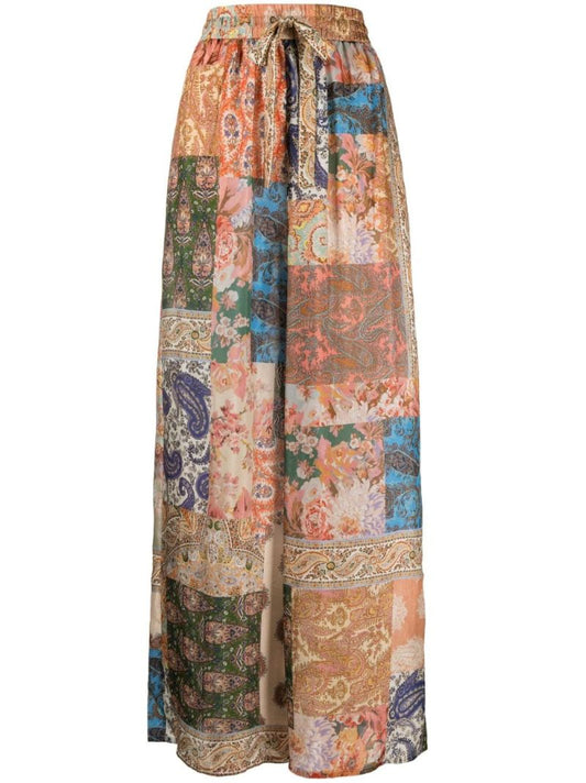 Multicolour Paisley Print Silk Wide-leg Trousers