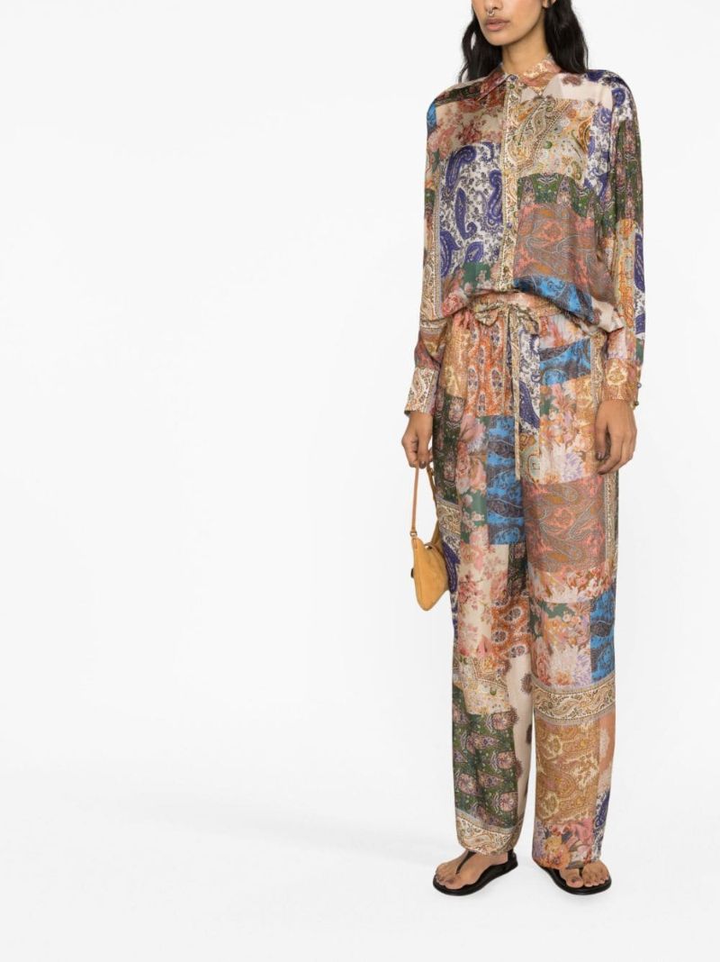 Multicolour Paisley Print Silk Wide-leg Trousers