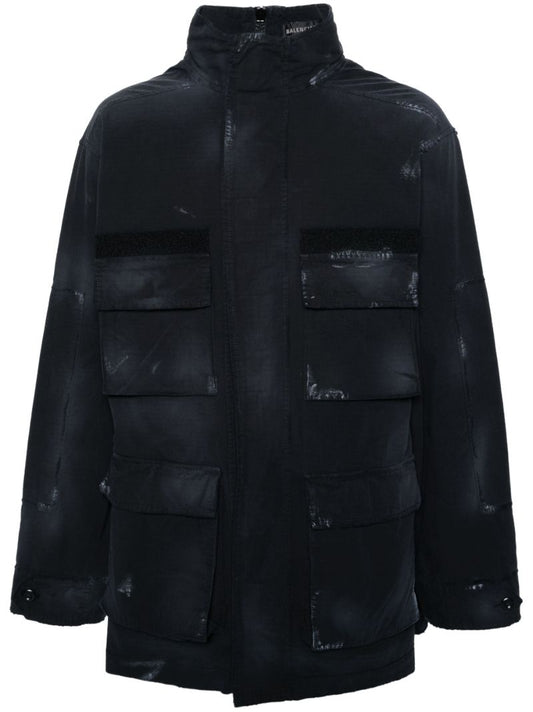 Black Distressed-effect Ripstop Parka