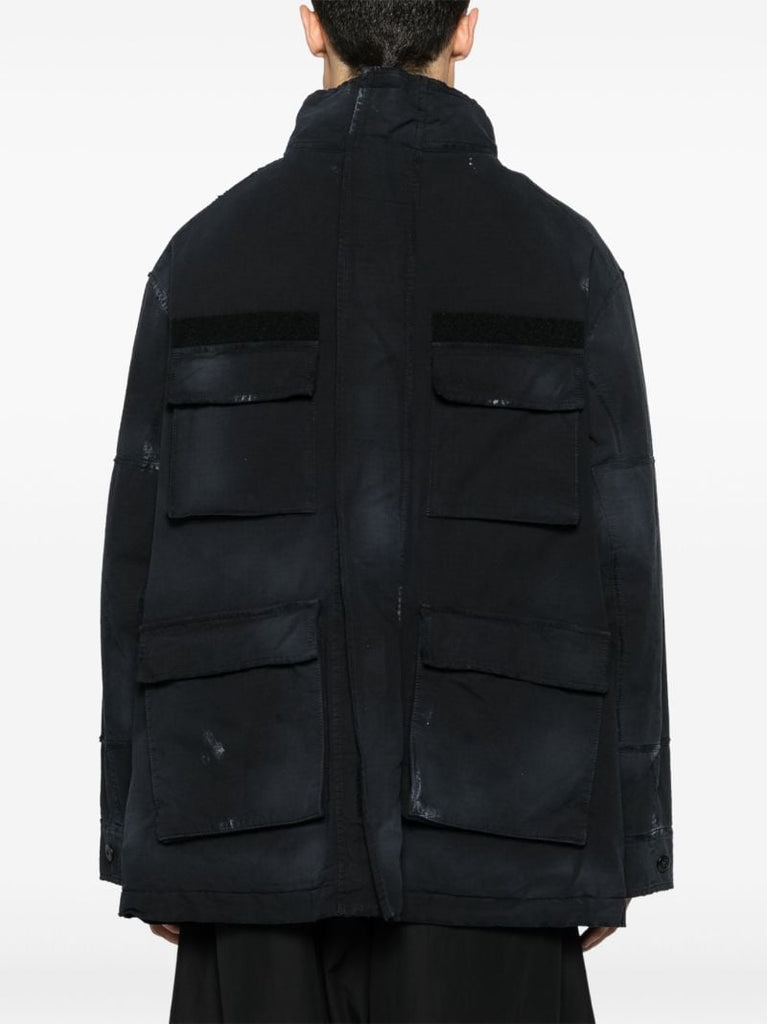 Black Distressed-effect Ripstop Parka