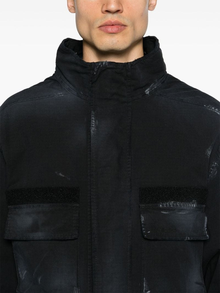Black Distressed-effect Ripstop Parka
