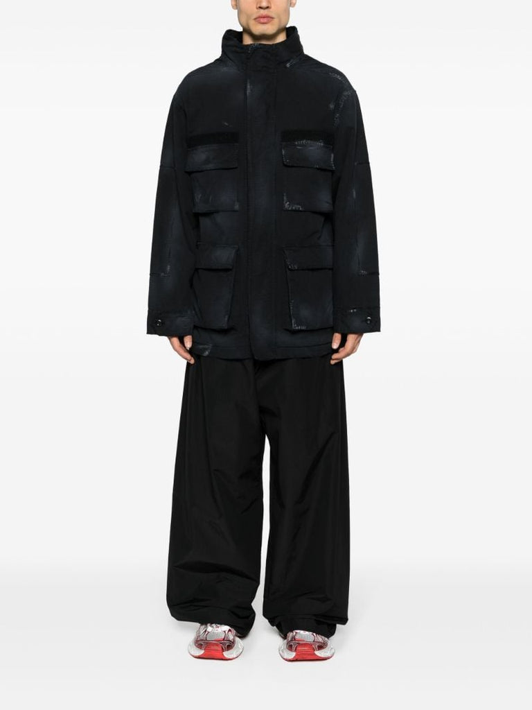 Black Distressed-effect Ripstop Parka
