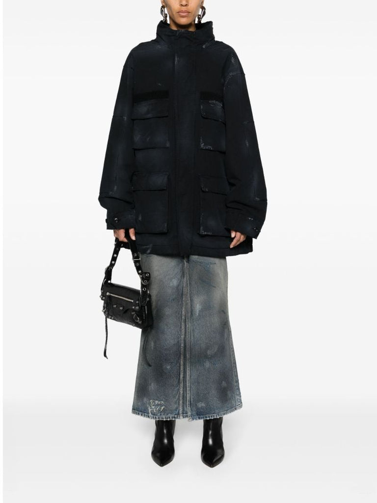Black Distressed-effect Ripstop Parka