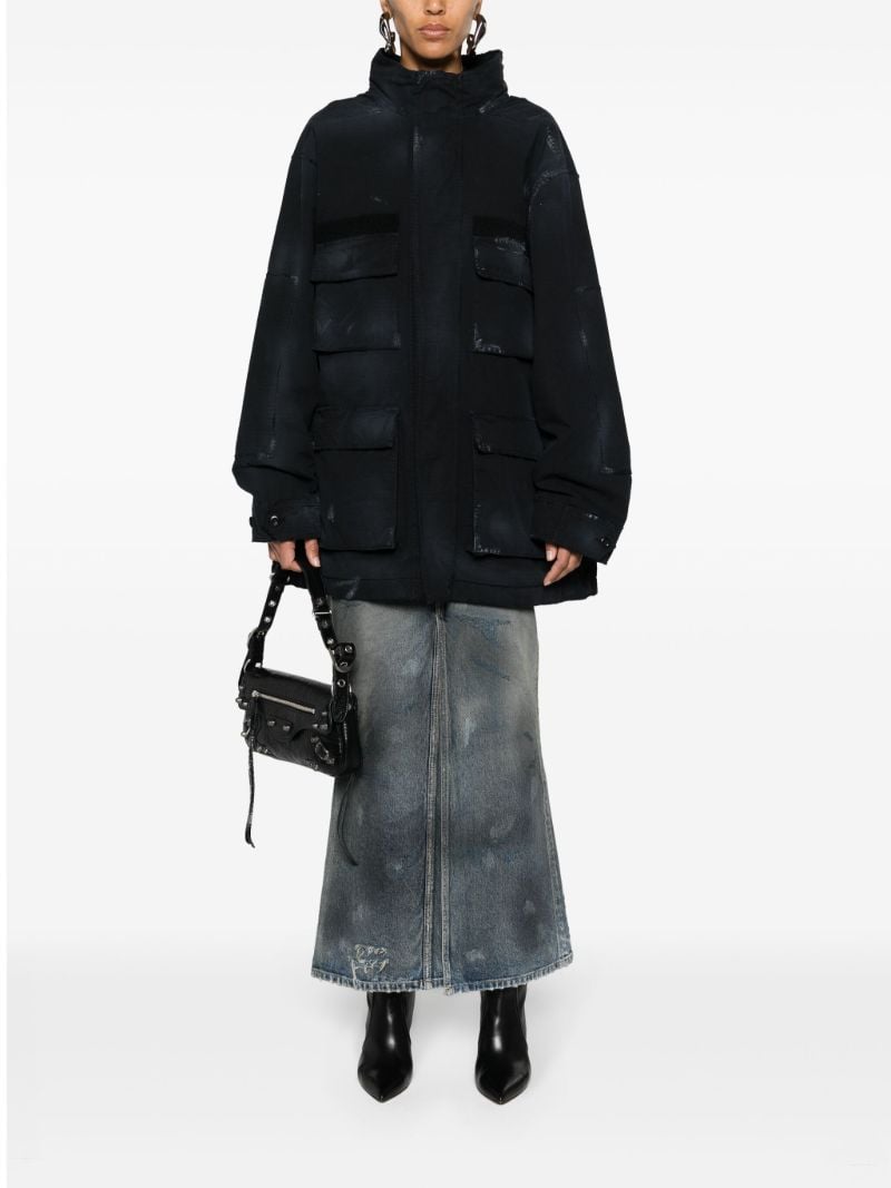 Black Distressed-effect Ripstop Parka