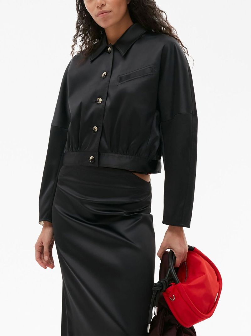 Black Long-sleeve Satin Bomber Jacket