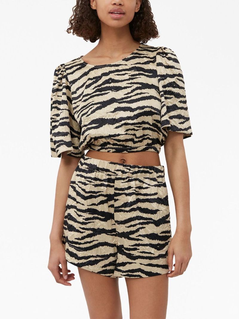 Neutral Zebra-print Crinkled Top
