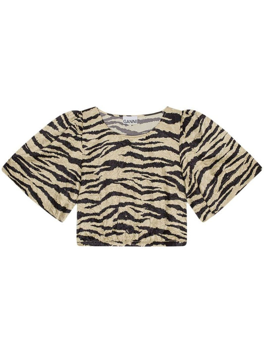 Neutral Zebra-print Crinkled Top