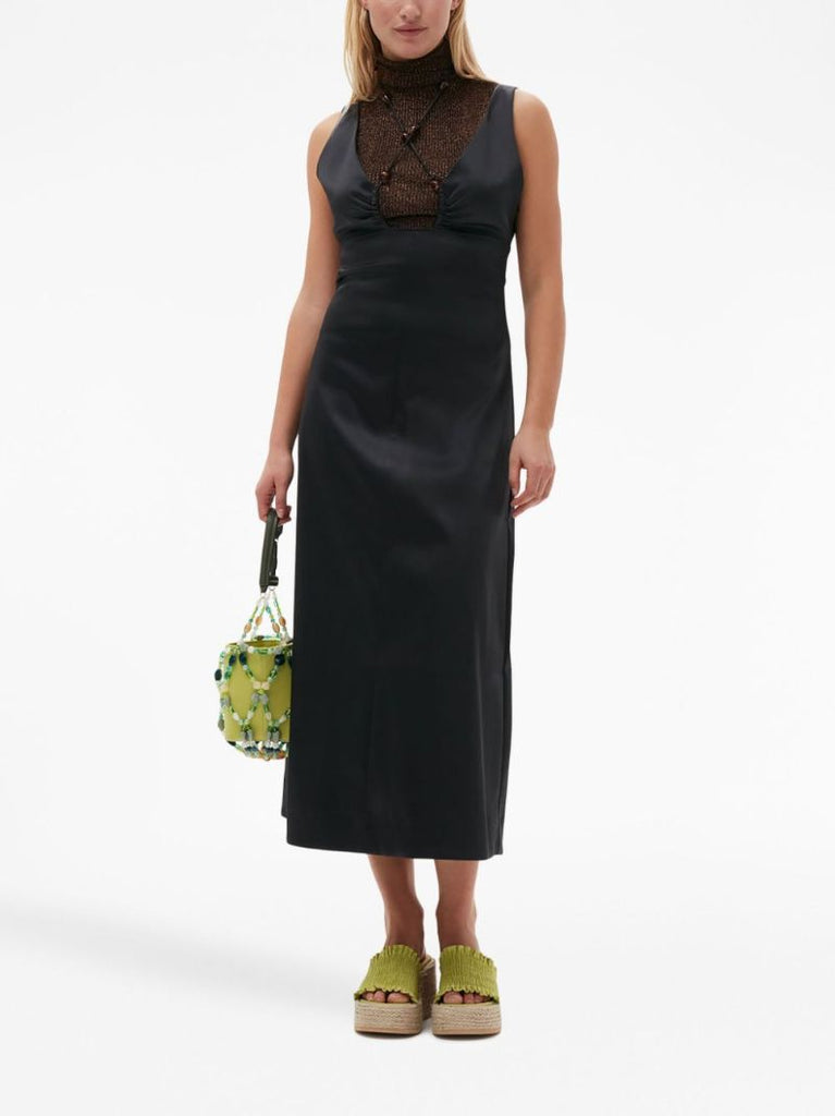 Black Sleeveless Satin Midi Dress