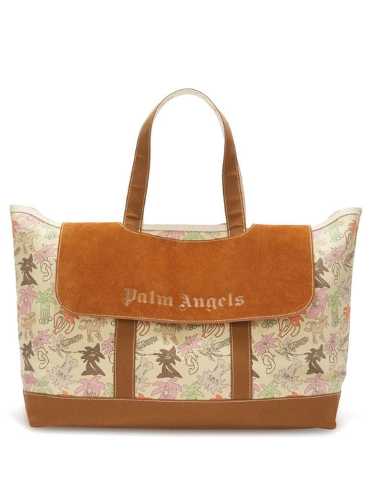 Brown Palmity Printed Canvas Tote Bag