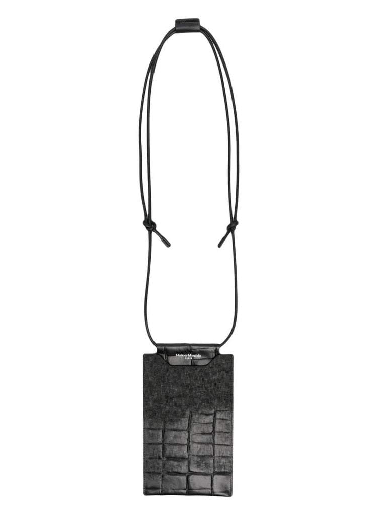 Black Croc-embossed Crossbody Phone Pouch