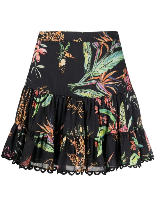 Black Floral-print Cotton Mini Skirt