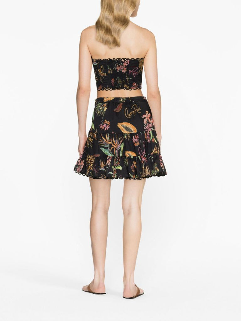 Black Floral-print Cotton Mini Skirt