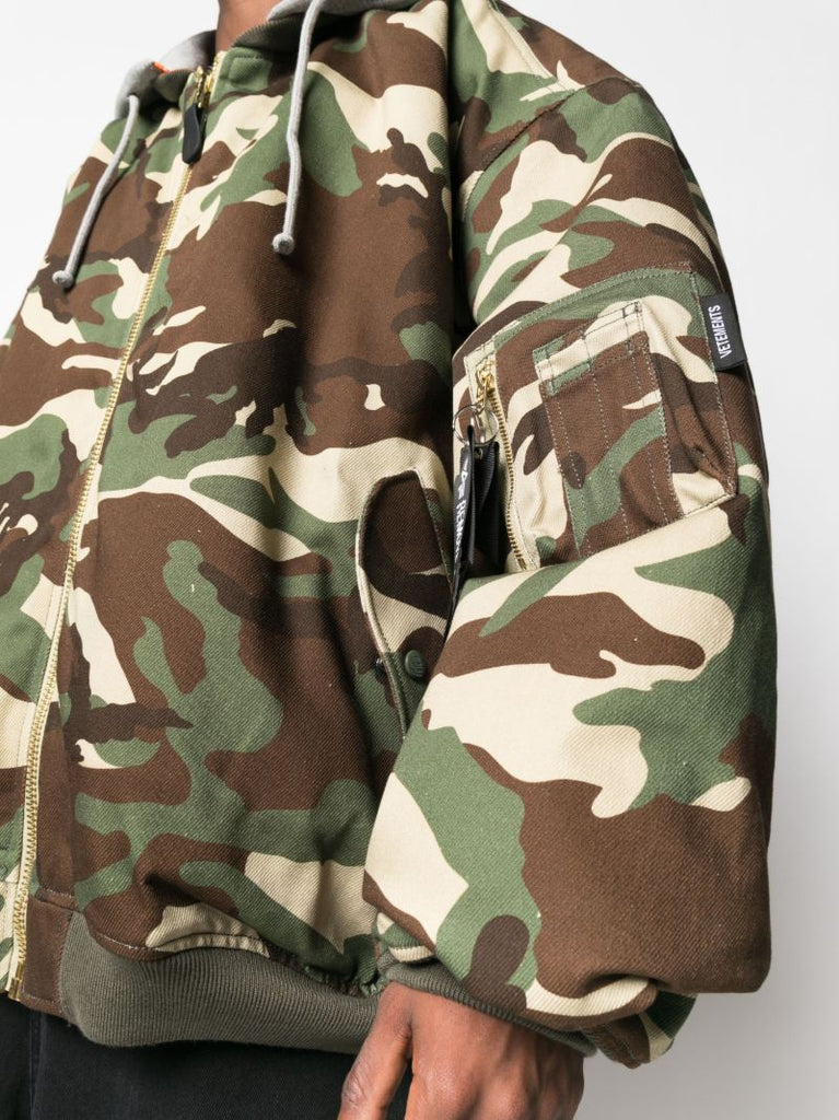 Green Camouflage Print Oversized Bomber Jacket