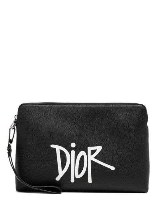 Black Logo Print Leather Pouch