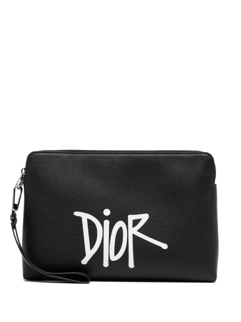 Black Logo Print Leather Pouch
