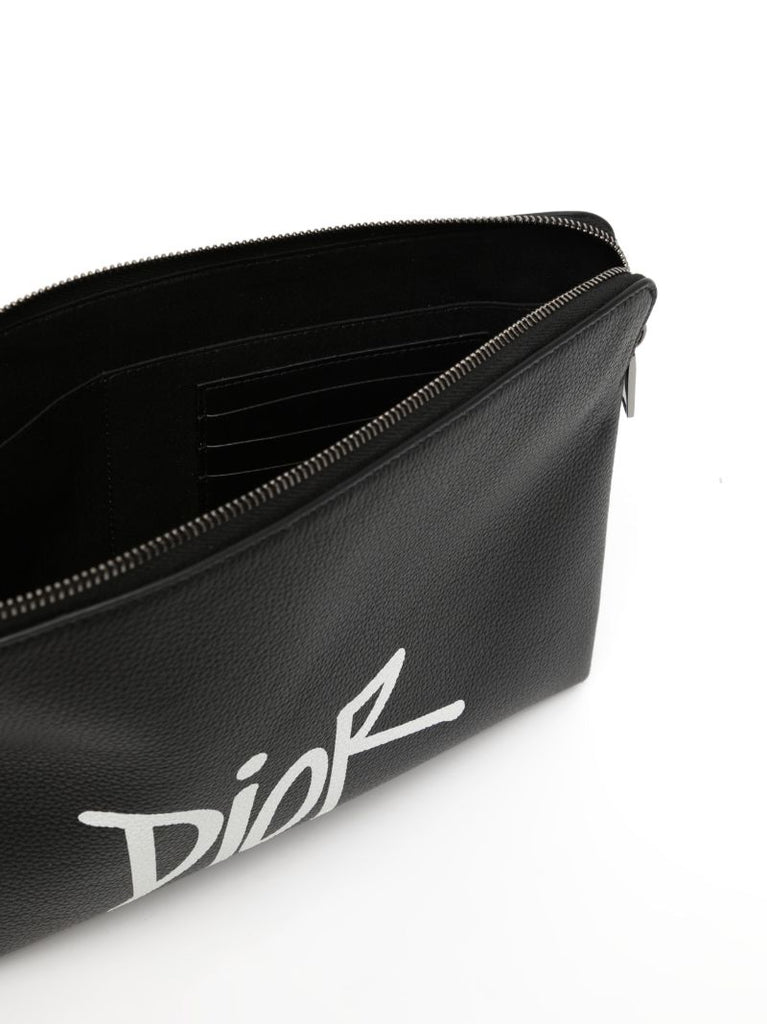Black Logo Print Leather Pouch