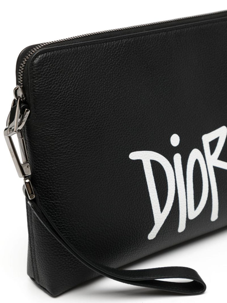 Black Logo Print Leather Pouch