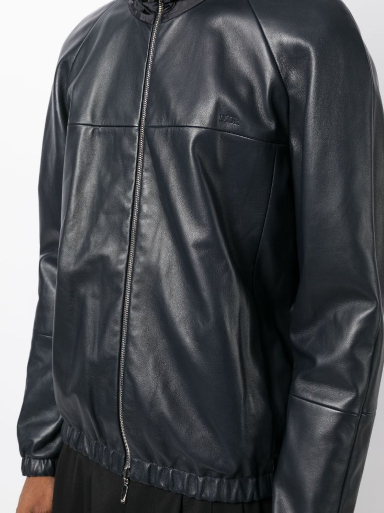 Black Zip Front Reversible Hooded Leather Jacket