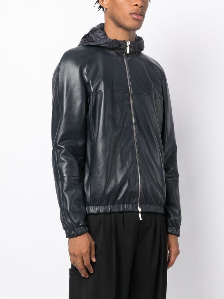Black Zip Front Reversible Hooded Leather Jacket