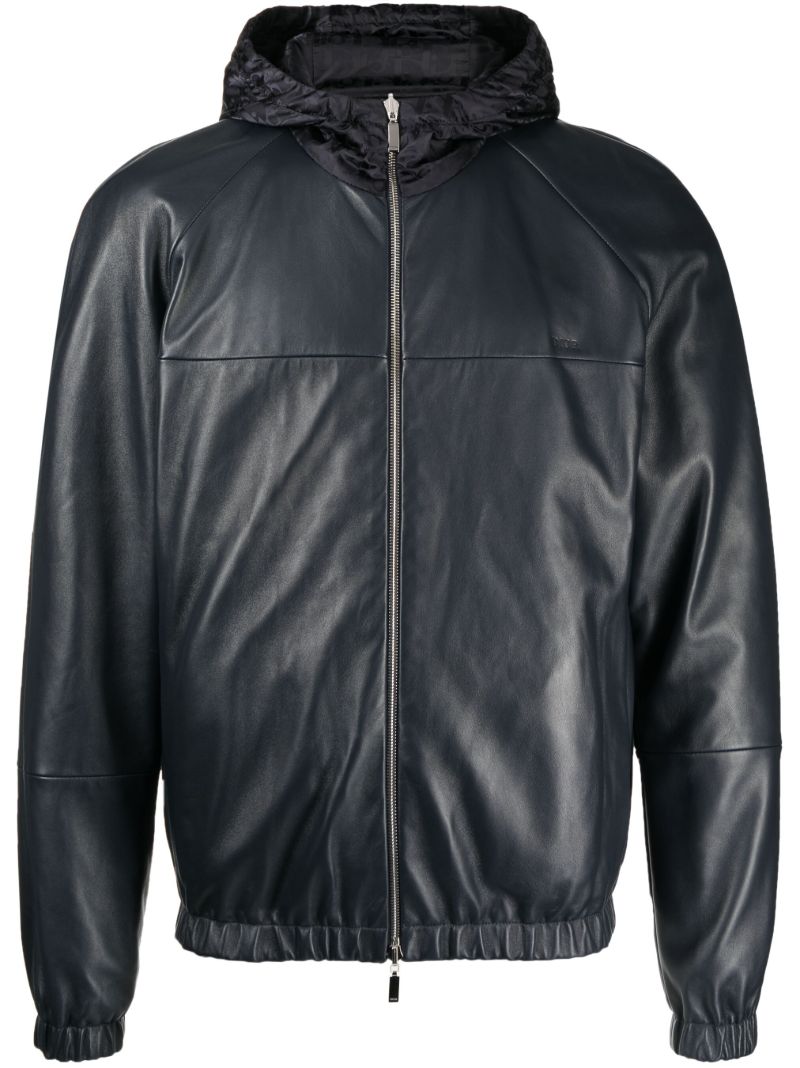 Black Zip Front Reversible Hooded Leather Jacket