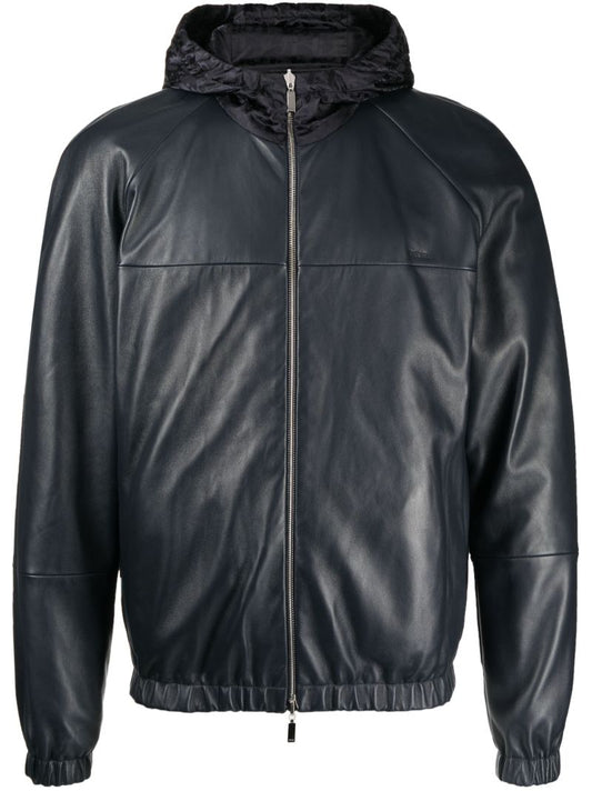 Black Zip Front Reversible Hooded Leather Jacket