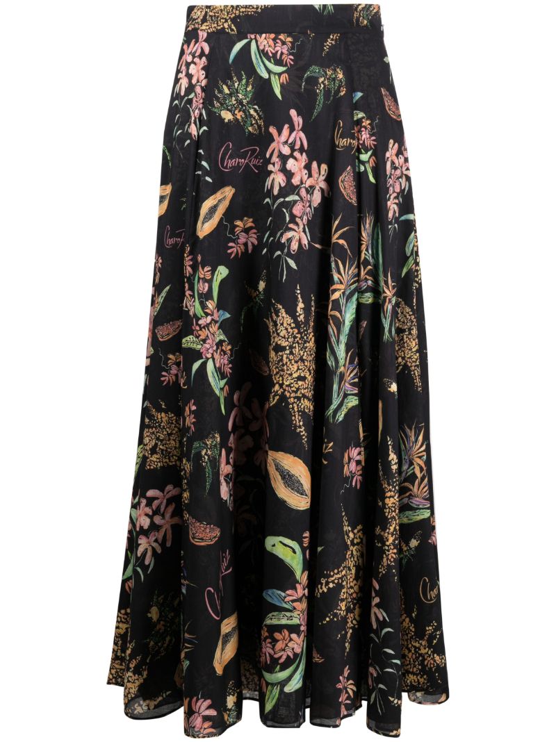 Black Floral Print Cotton Maxi Skirt