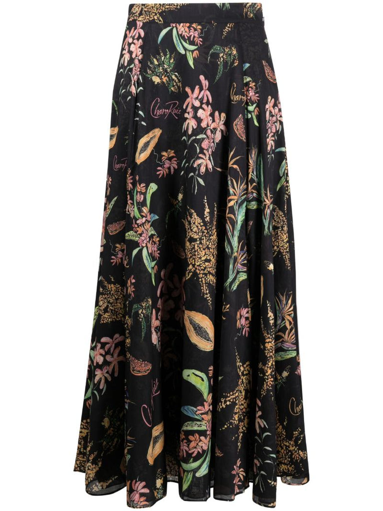 Black Floral Print Cotton Maxi Skirt