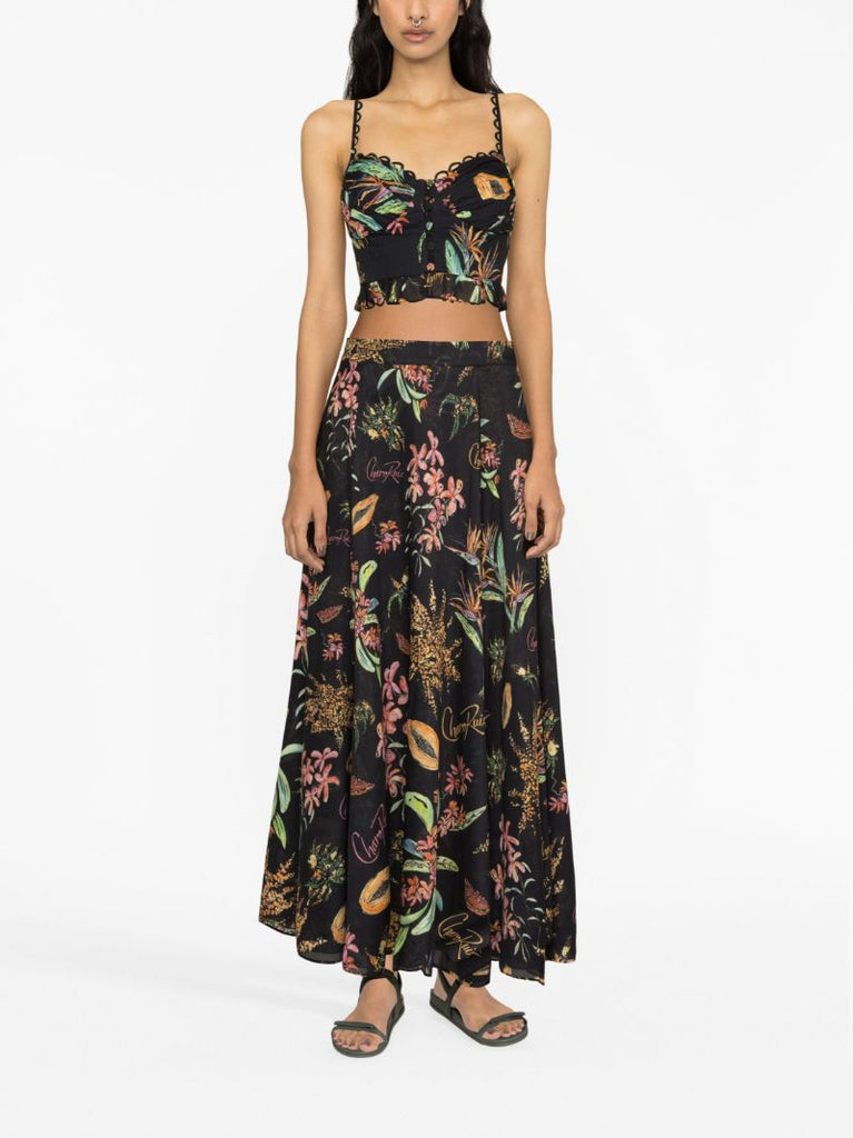 Black Floral Print Cotton Maxi Skirt