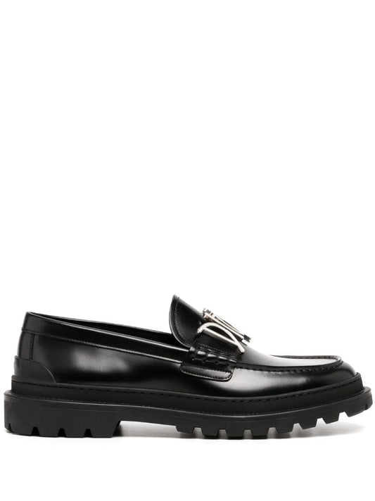 Black Metallic Logo Leather Loafers