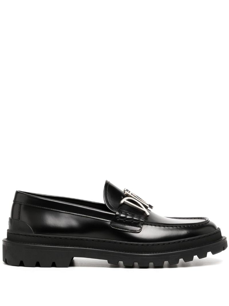 Black Metallic Logo Leather Loafers