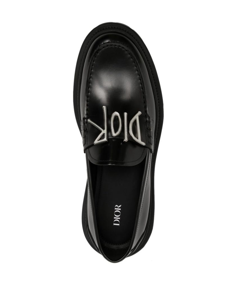 Black Metallic Logo Leather Loafers