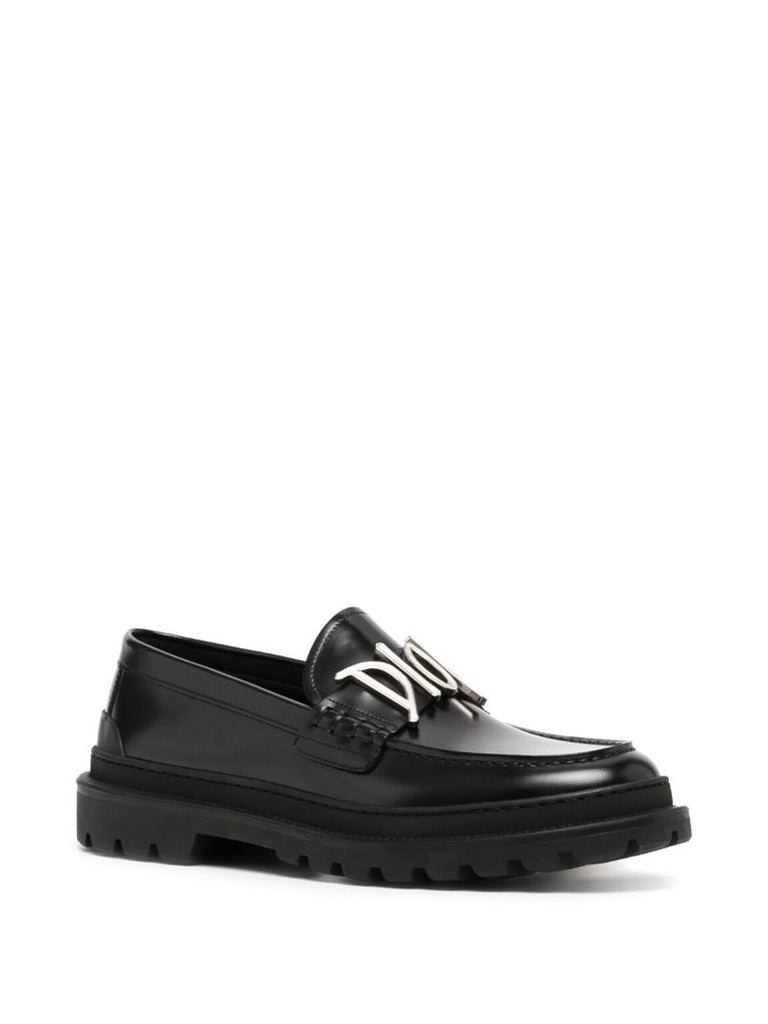 Black Metallic Logo Leather Loafers