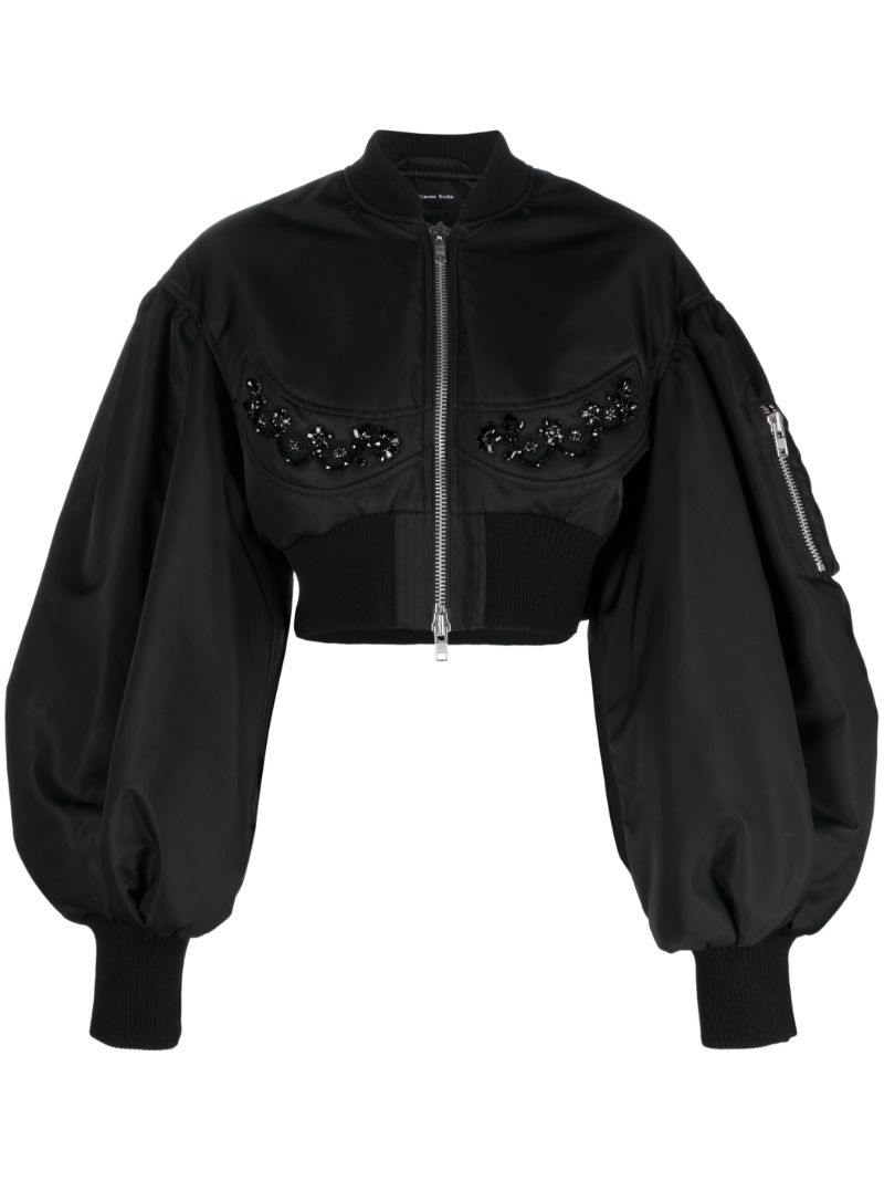 Black Crystal-embellished Cropped Bomber Jacket