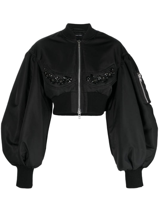 Black Crystal-embellished Cropped Bomber Jacket