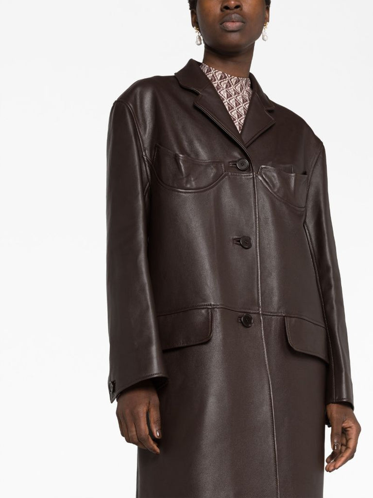 Brown Single-breasted Leather Coat