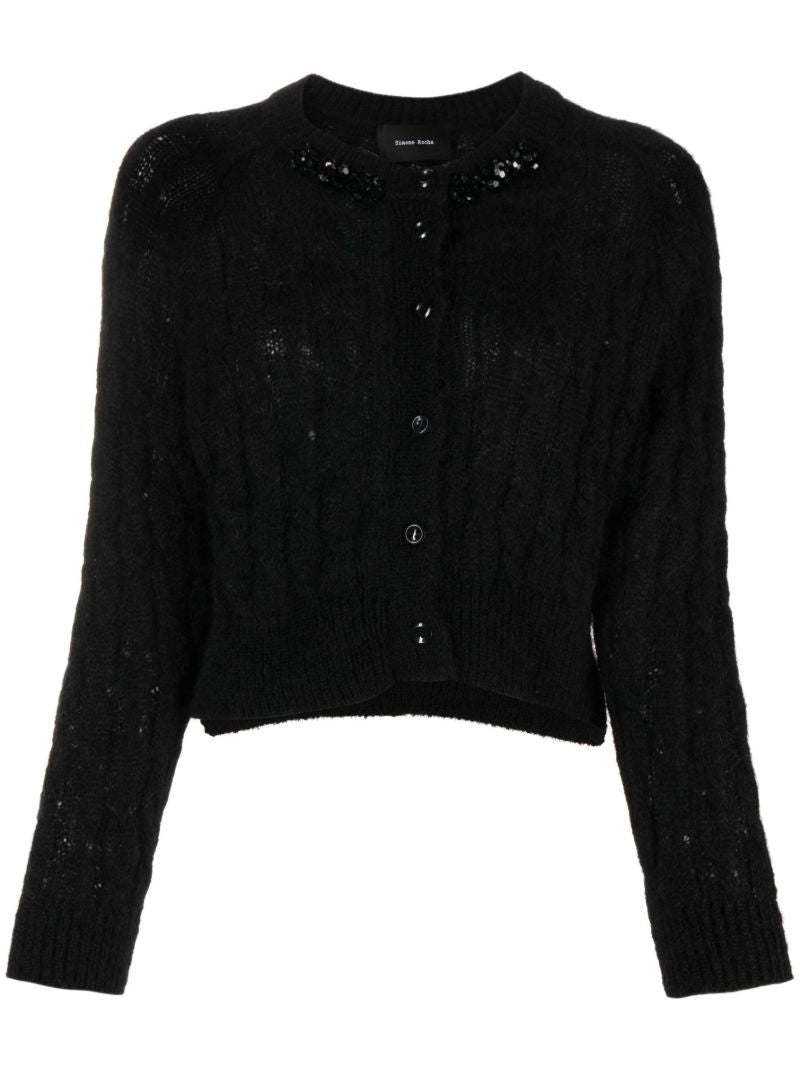 Black Bead-embellished Cable-knit Cardigan
