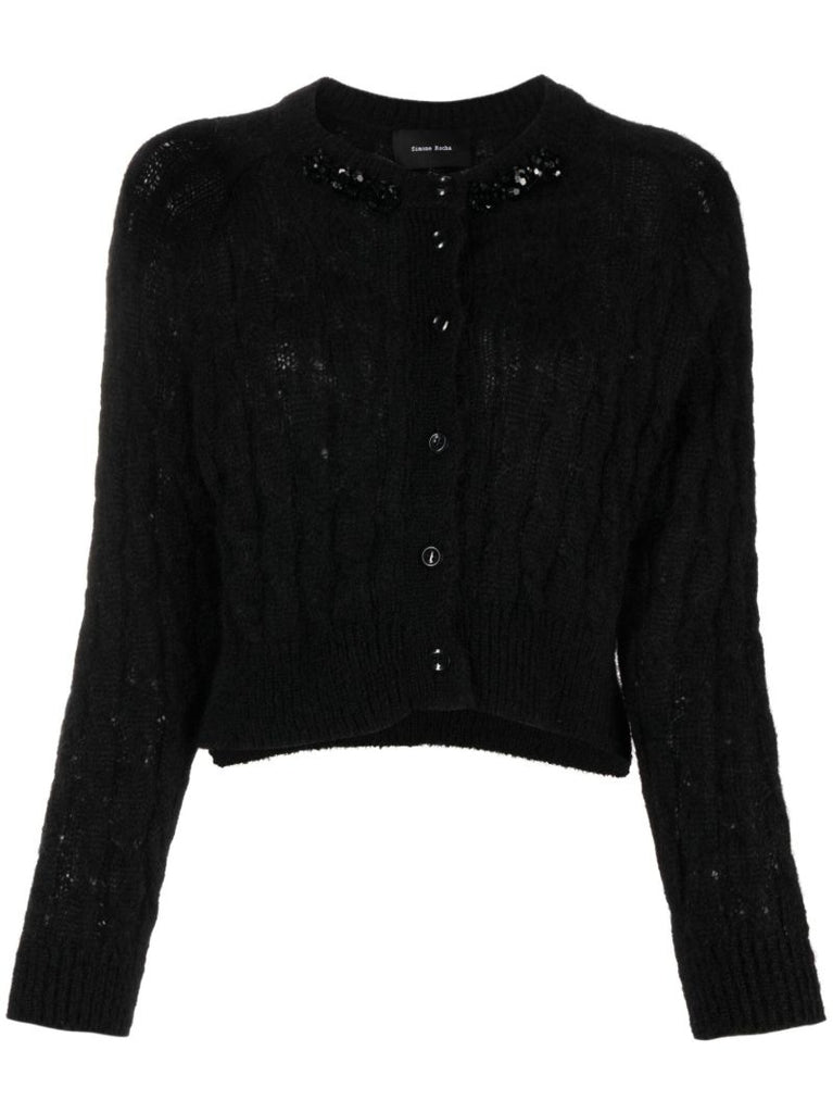 Black Bead-embellished Cable-knit Cardigan