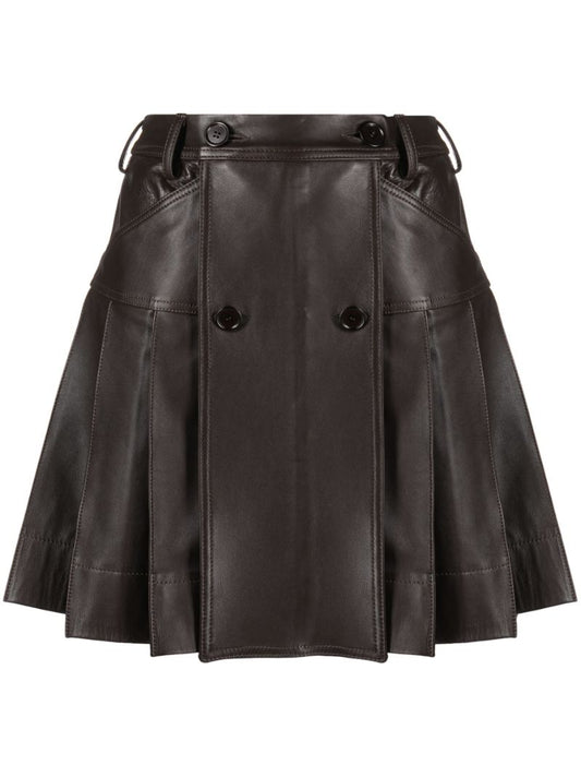 Brown Pleated Leather Mini Skirt
