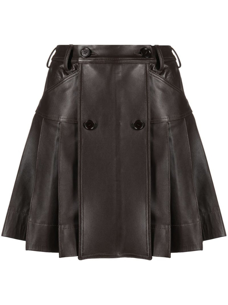 Brown Pleated Leather Mini Skirt