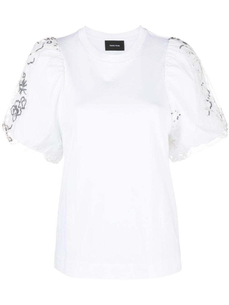 White Embellished Puff-sleeve Cotton T-shirt