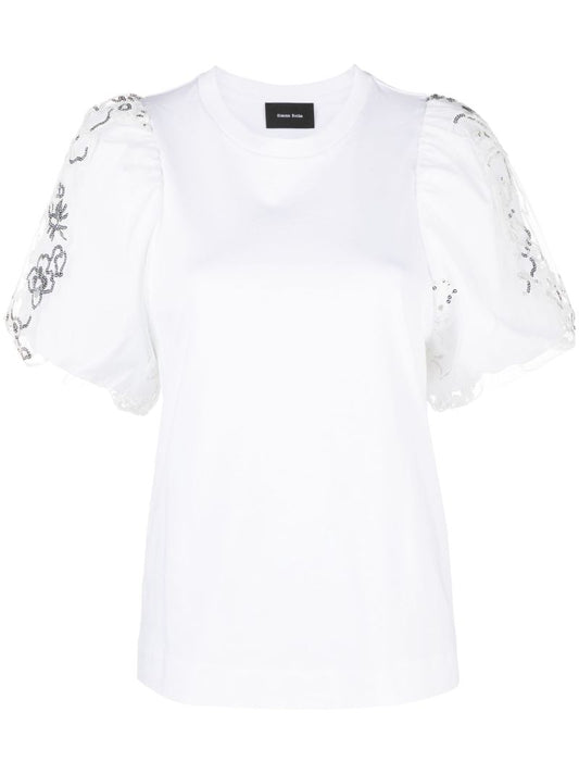 White Embellished Puff-sleeve Cotton T-shirt