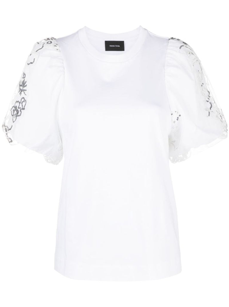 White Embellished Puff-sleeve Cotton T-shirt