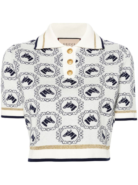 White Equestrian Jacquard Polo Top