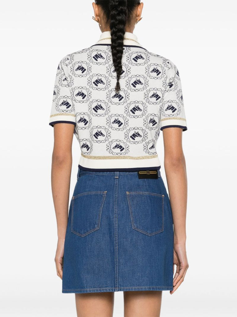 White Equestrian Jacquard Polo Top