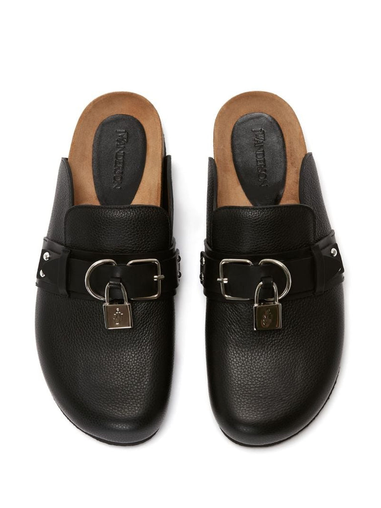 Black Padlock Leather Mules