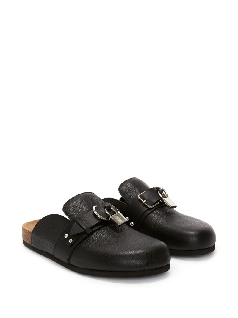 Black Padlock Leather Mules