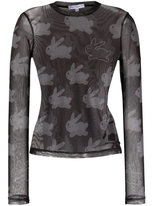 Black Bunny Print Mesh Top